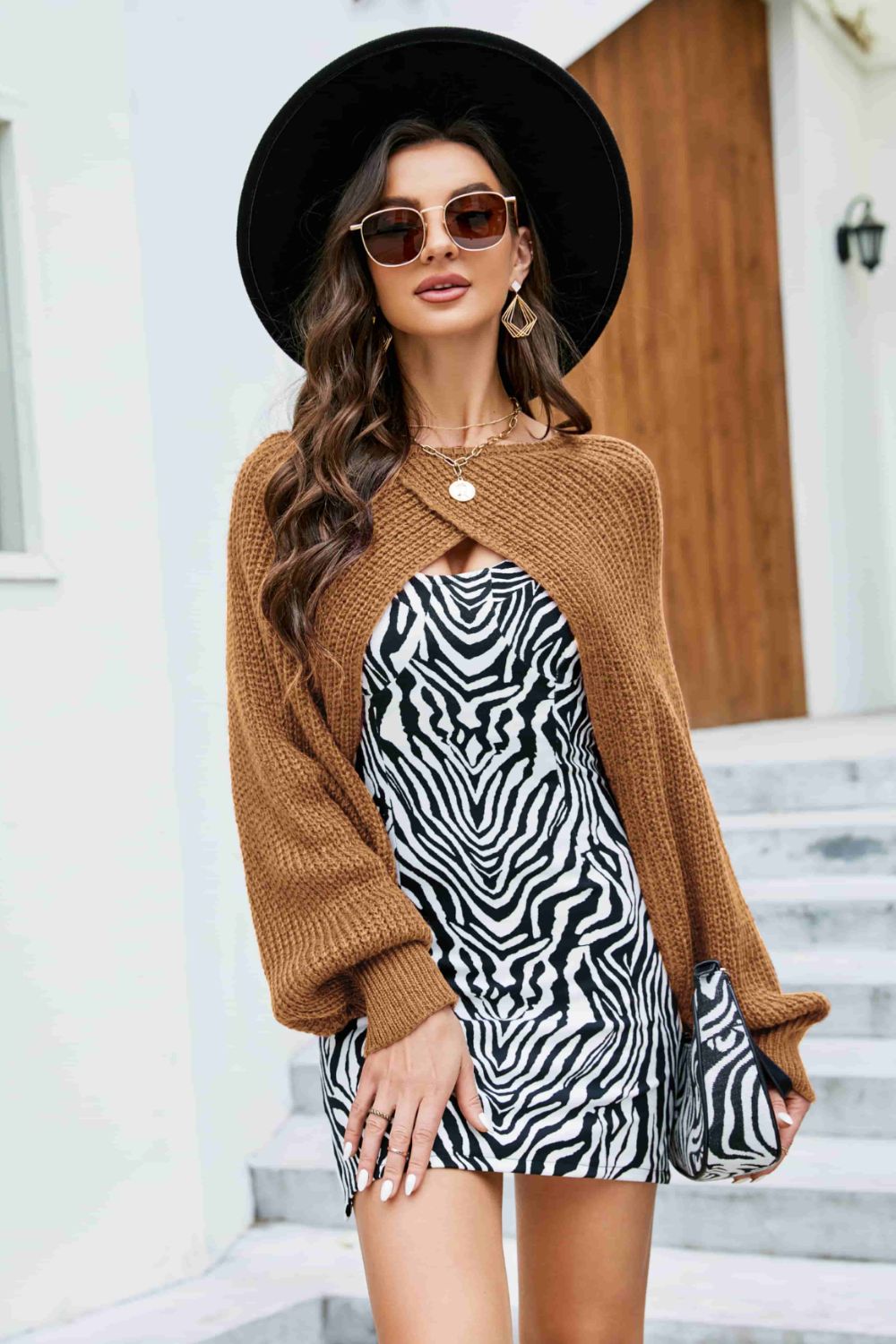 Criss Cross Lantern Sleeve Rib-Knit Bolero