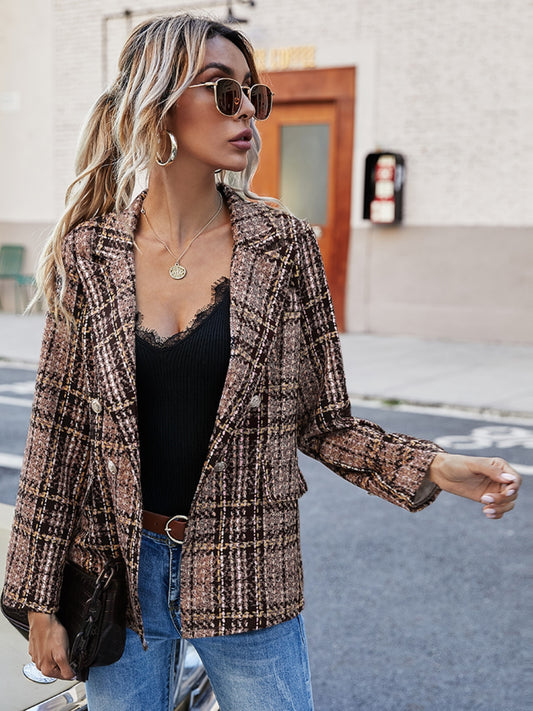 Autumn Allure Plaid Lapel Collar Blazer