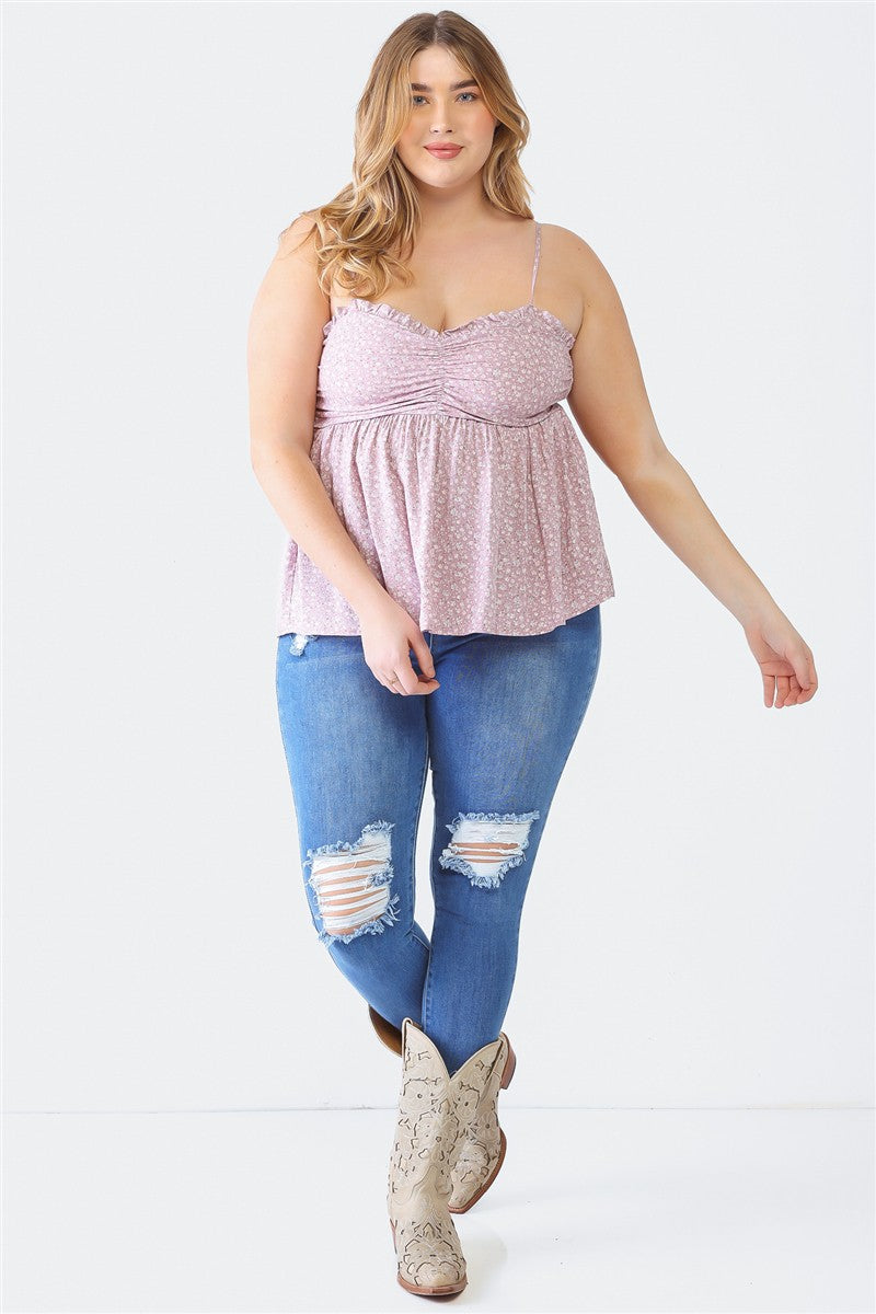 Enchanté Plus Size Frill Smocked Floral Sweetheart Neck Cami