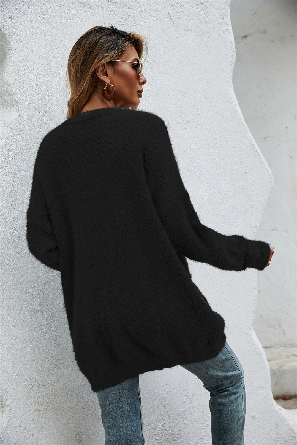 The Wispwool Open Front Openwork Fuzzy Cardigan with Pockets