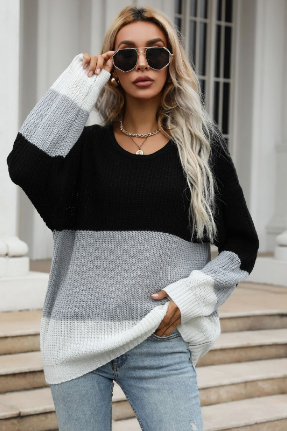 Professor’s Knit Color Block Long Sleeve Oversized Knit Sweater