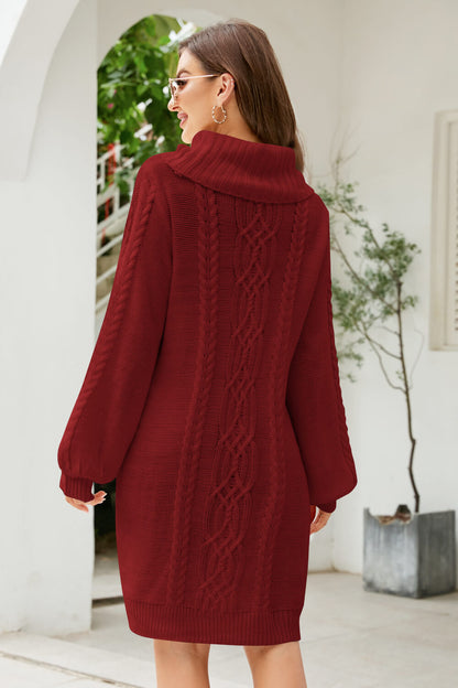 Isolde Cable Knit Turtleneck Lantern Sleeve Sweater Dress