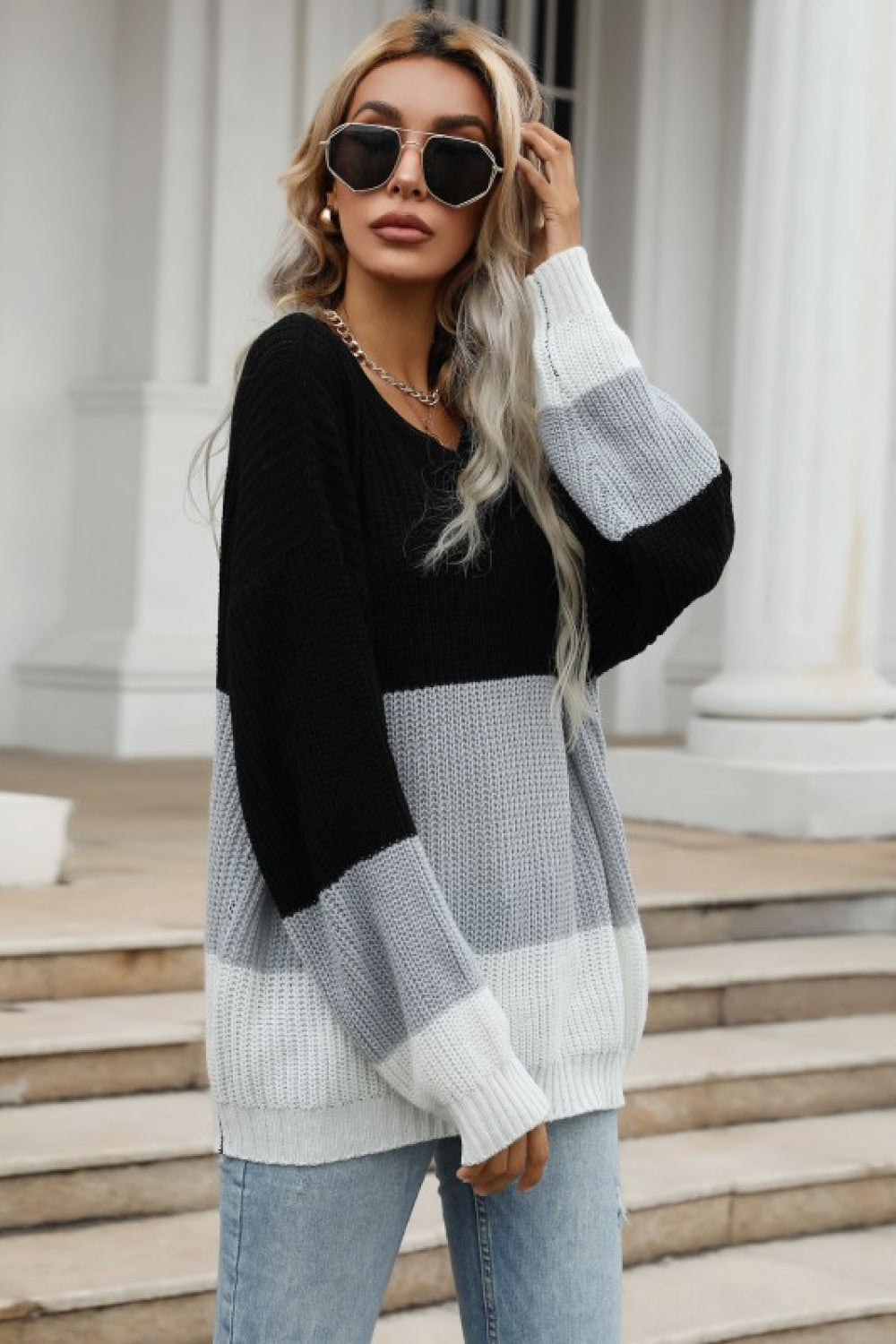 Professor’s Knit Color Block Long Sleeve Oversized Knit Sweater