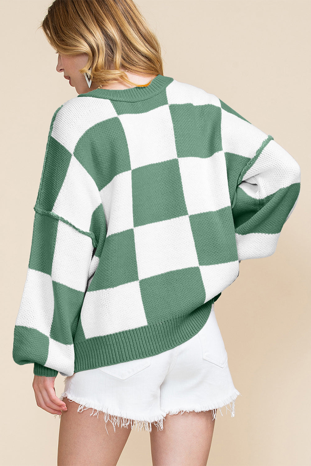 Sweet Tooth Checkered Bishop Sleeve Sweater