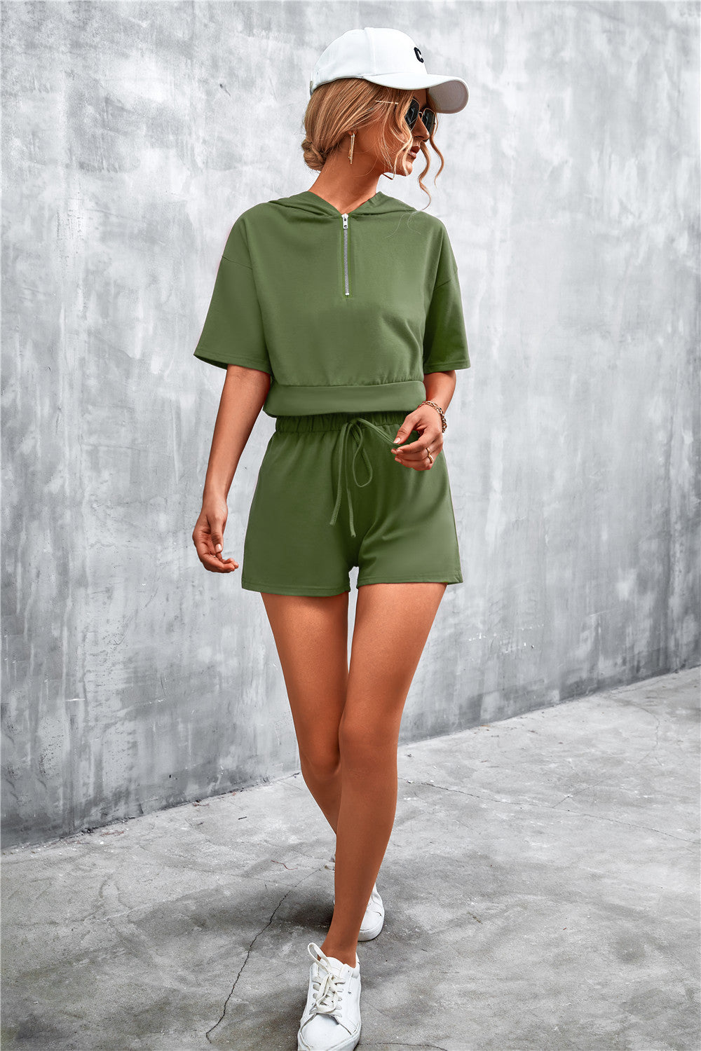 Because She Can Half Zip Cropped Hooded T-Shirt and Shorts Set