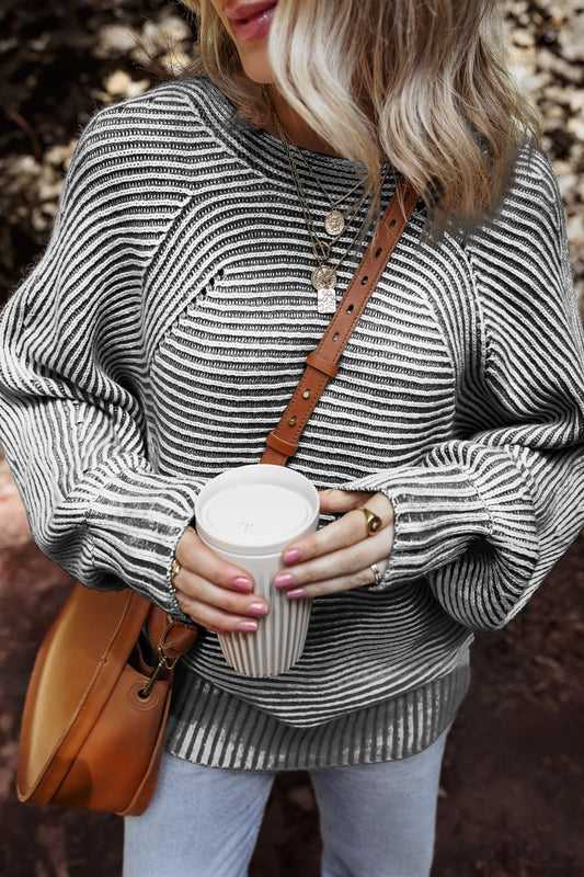 Travelers Tale Textured Striped Round Neck Long Sleeve Top