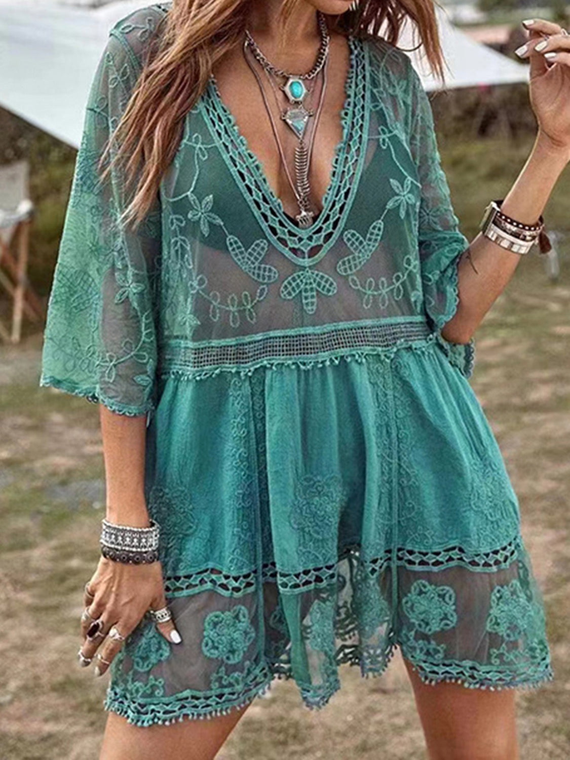 Lace & Wonder Plunging Sheer Tunic Top