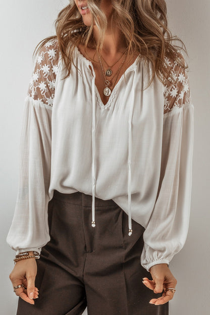 Ivory Obscura Lace Tie Neck Long Sleeve Blouse