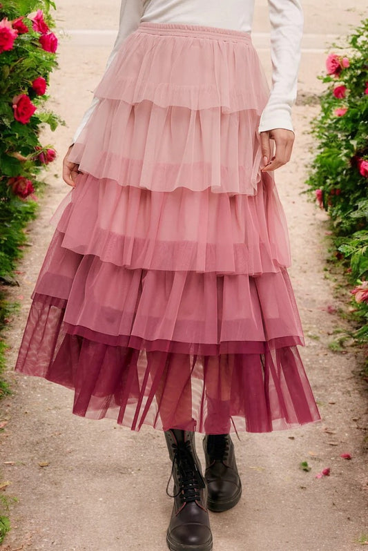 Dusky Petals Tulle Skirt Layered Midi Skirt