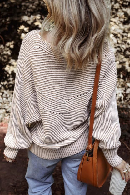 Travelers Tale Textured Striped Round Neck Long Sleeve Top