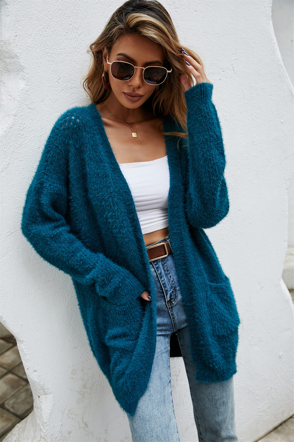 The Wispwool Open Front Openwork Fuzzy Cardigan with Pockets