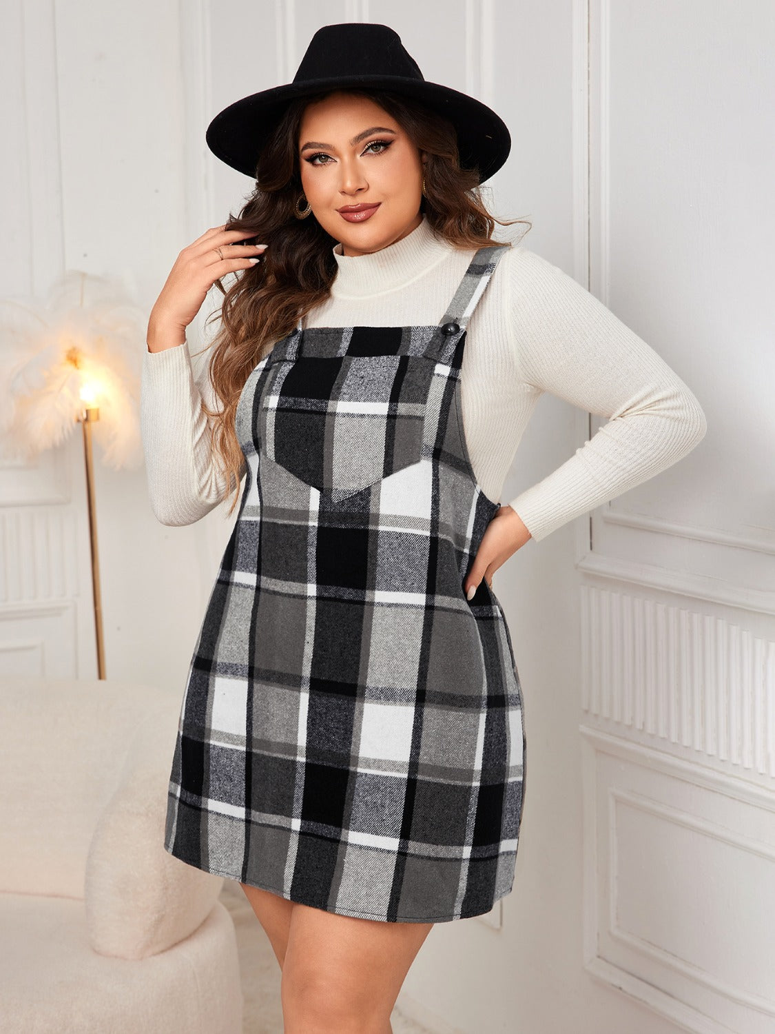 Genteel Grace Plus Size Plaid Wide Strap Overall Dress