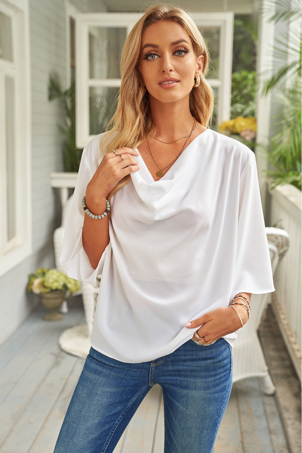 Angelic Waterfall Short Sleeve Draped Blouse