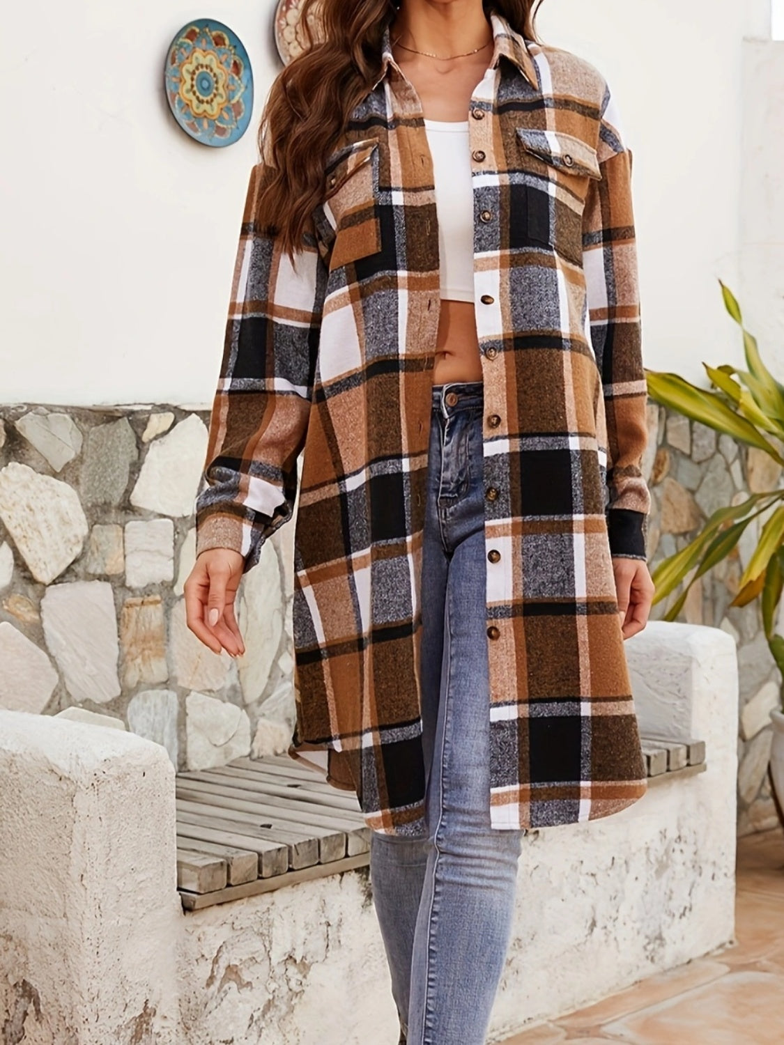 Falling Leaves Plaid Collared Neck Long Sleeve Jacket