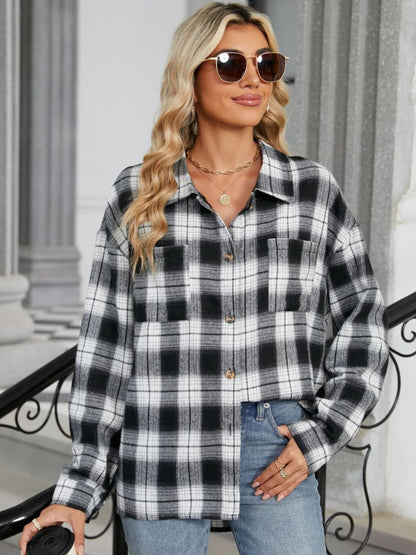 Twilight Tartan Plaid Saddle Shoulder Long Sleeve Shirt