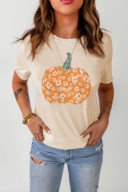 Pumpkin Graphic Round Neck Cuffed T-Shirt