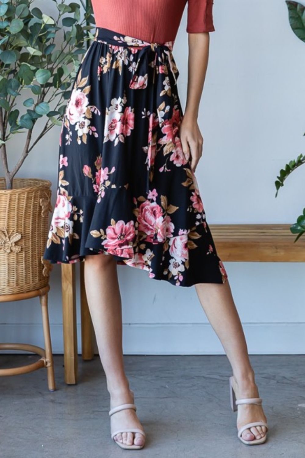 Lady Winsor Floral Wrap Ruffle Hem Skirt black