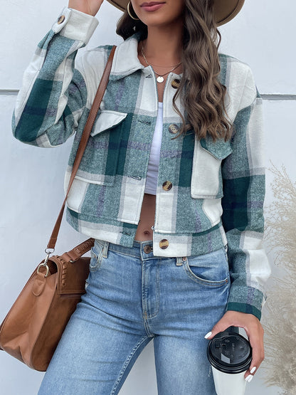 Rustic Romance Plaid Button Up Drop Shoulder Cropped Jacket