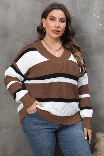 Spellbound Plus Size Striped V-Neck Dropped Shoulder Sweater