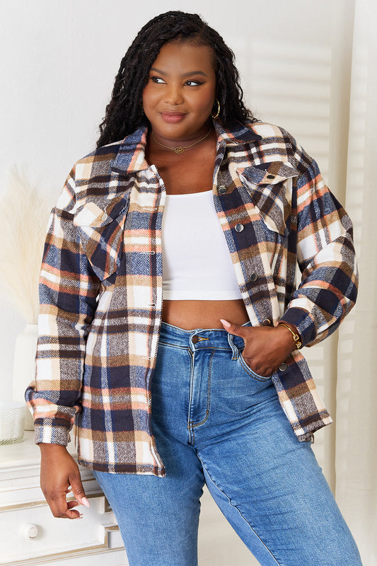 Campus Chic Plaid Button Front Shirt Jacket with Chest Pockets