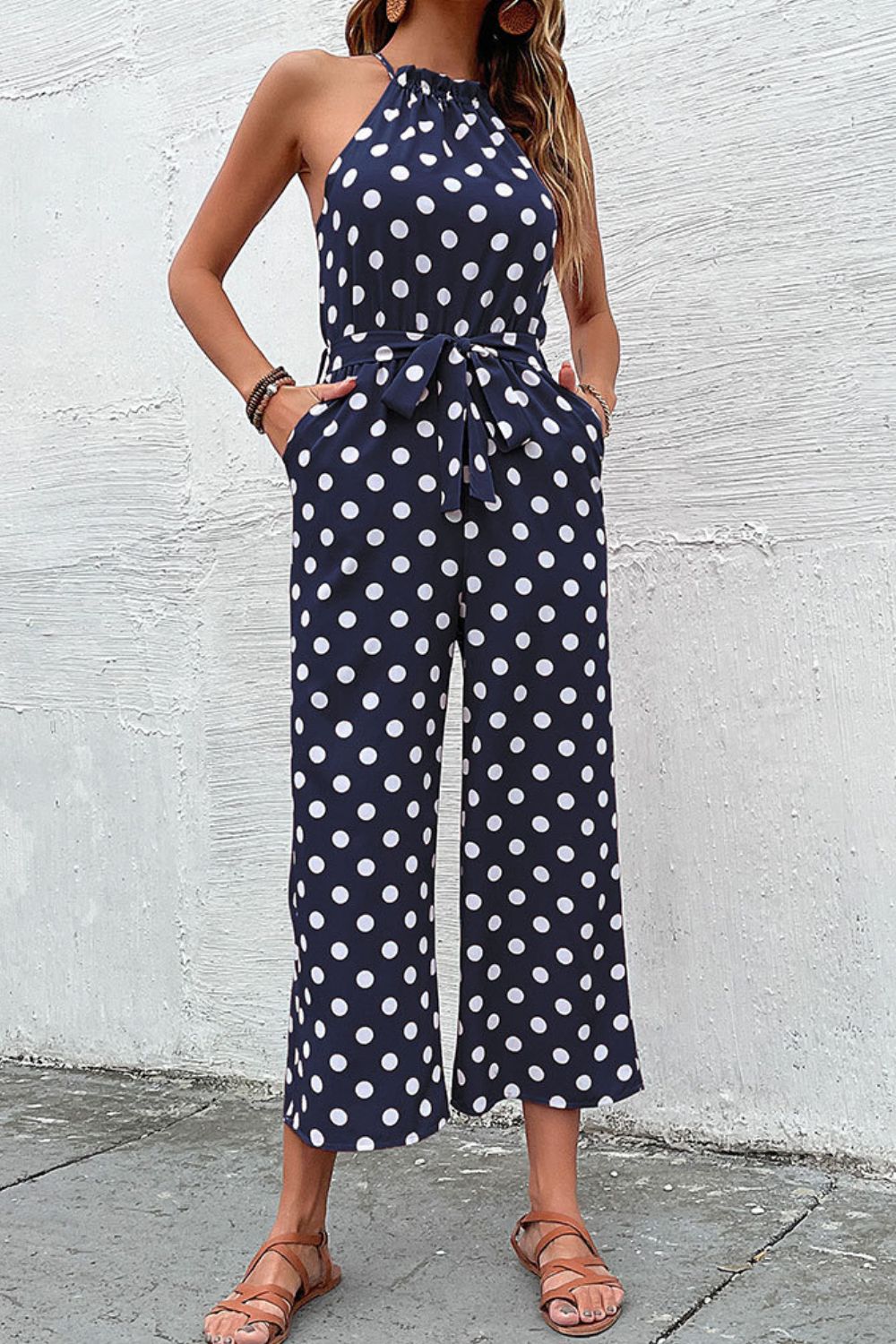 Perfee Polka Dot Grecian Wide Leg Jumpsuit