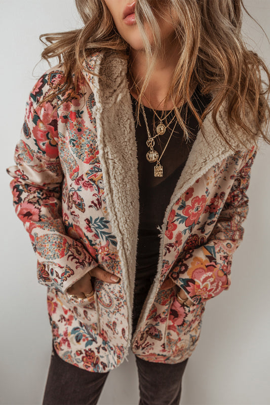 Gallery Opening Vintage Paisley Floral Printed Sherpa Lined Hooded Jacket