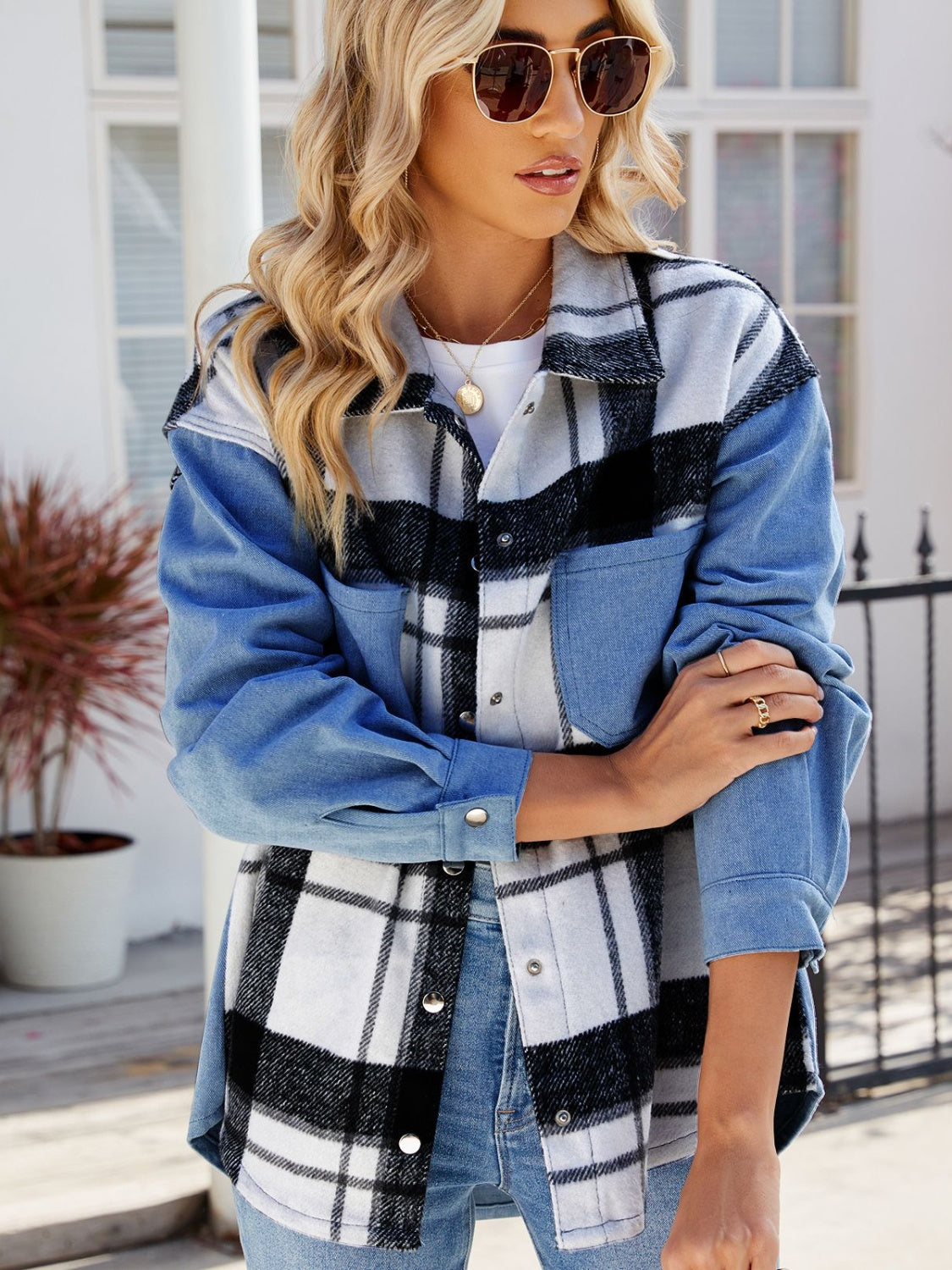 Blue Skies Pocketed Plaid Snap Down Denim Jacket