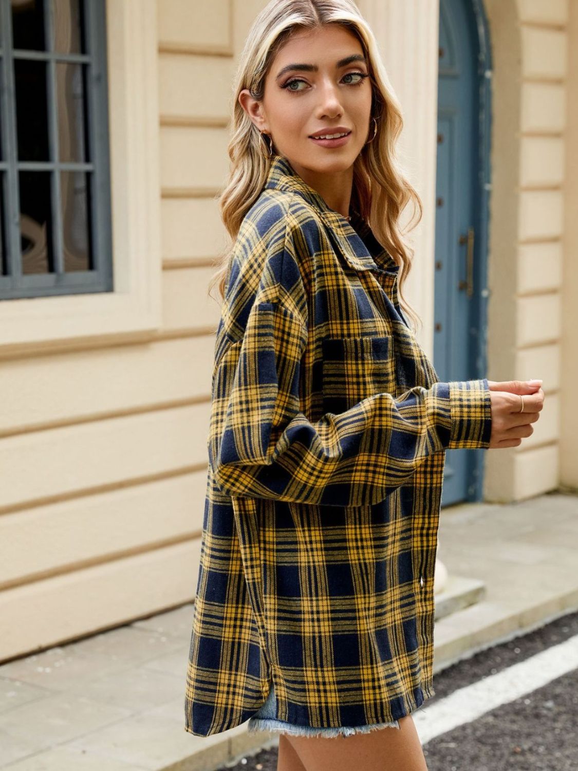 Twilight Tartan Plaid Saddle Shoulder Long Sleeve Shirt