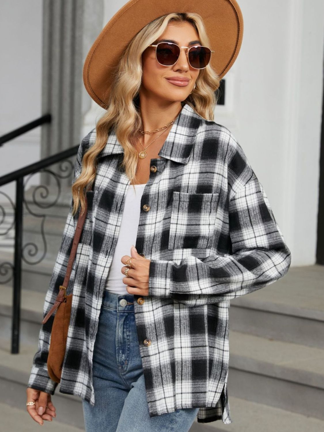 Twilight Tartan Plaid Saddle Shoulder Long Sleeve Shirt