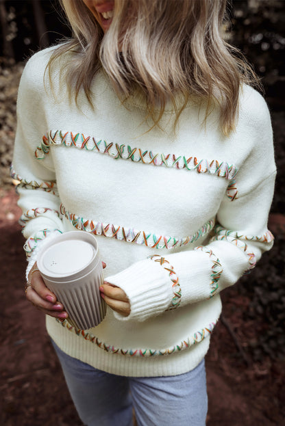 White and Rainbow Crossed Stitch Sweater