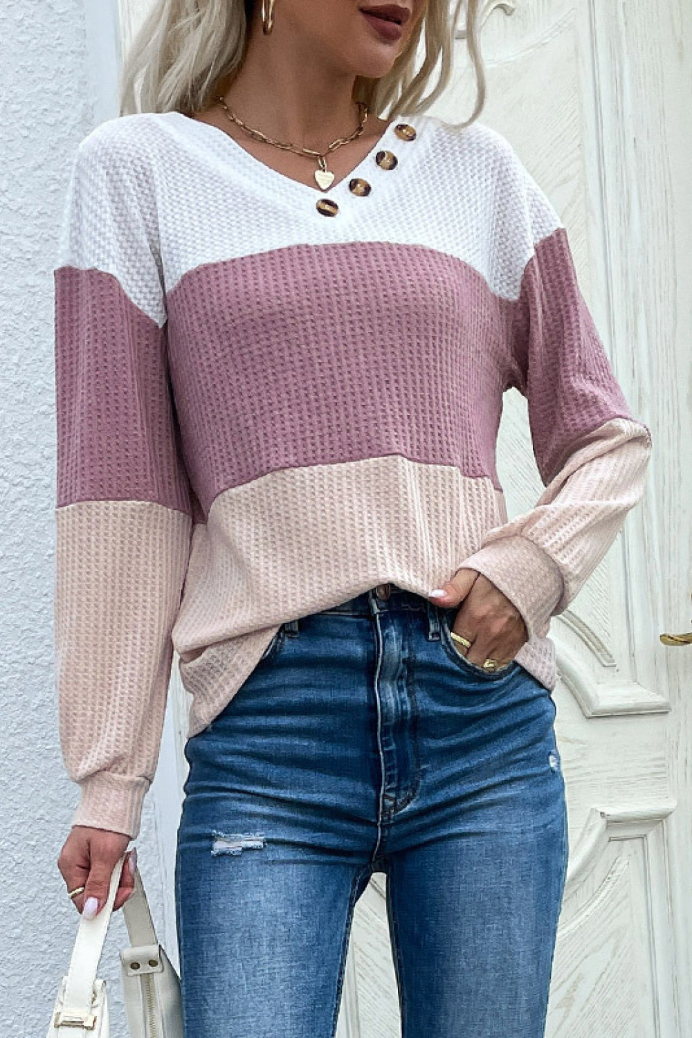 Sweet and Sour Color Block Waffle Knit Button Detail Top