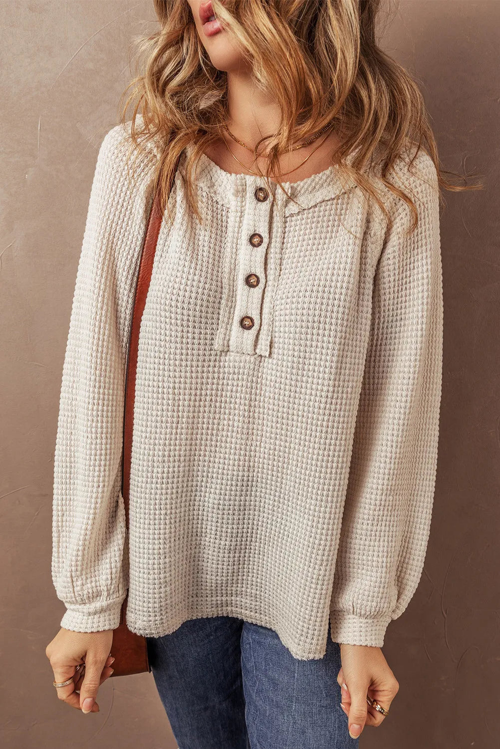 Harvest Moon Waffle-Knit Half Button Top