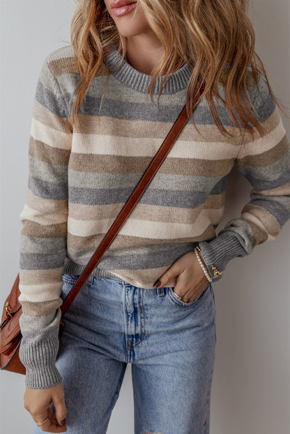 Frost Fall Color Block Ribbed Edge Round Neck Sweater