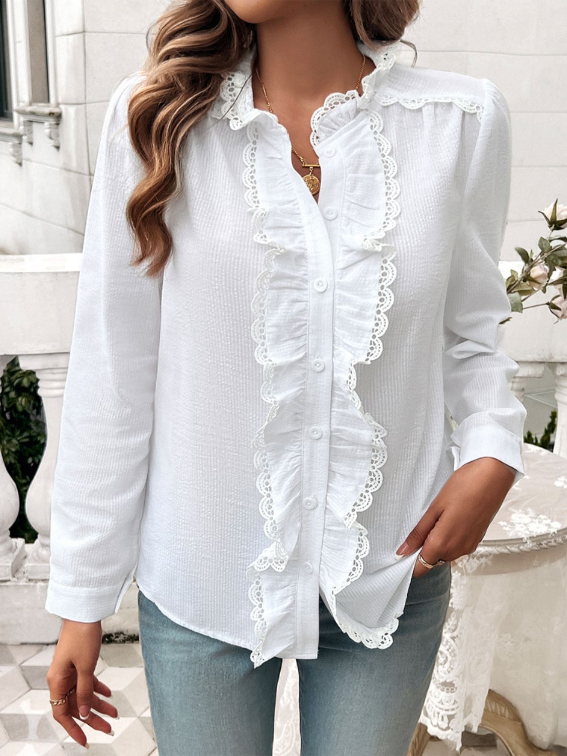 The Royal Flourish Textured Lace Detail Long Sleeve Shirt