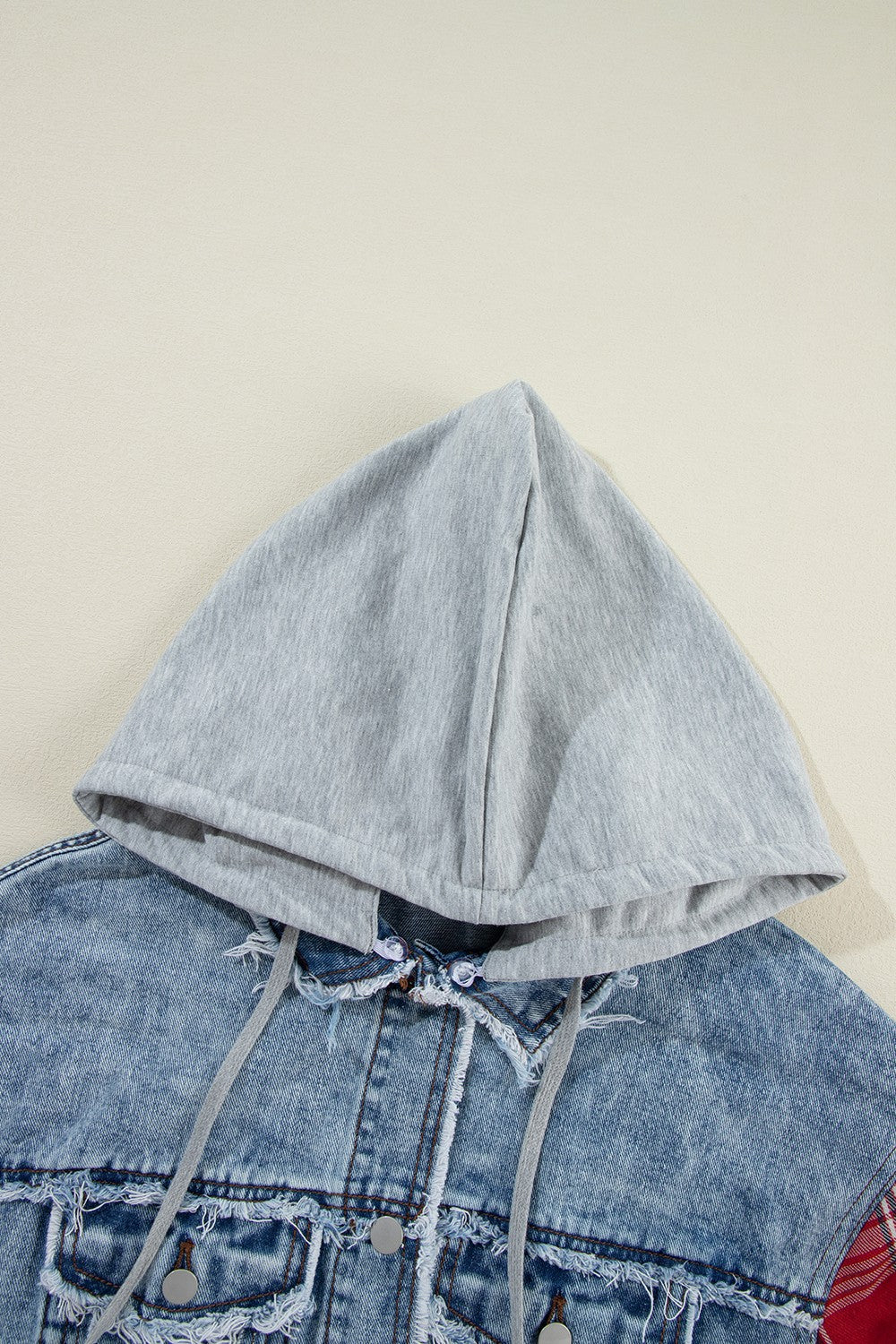 Leaves and Magic Raw Hem Drawstring Plaid Denim Jacket