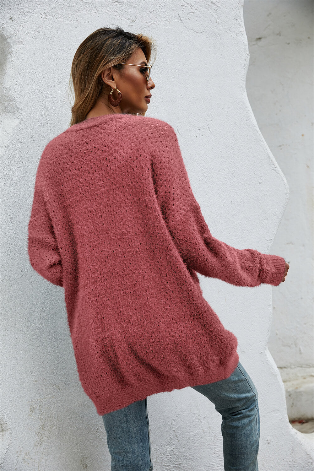 The Wispwool Open Front Openwork Fuzzy Cardigan with Pockets