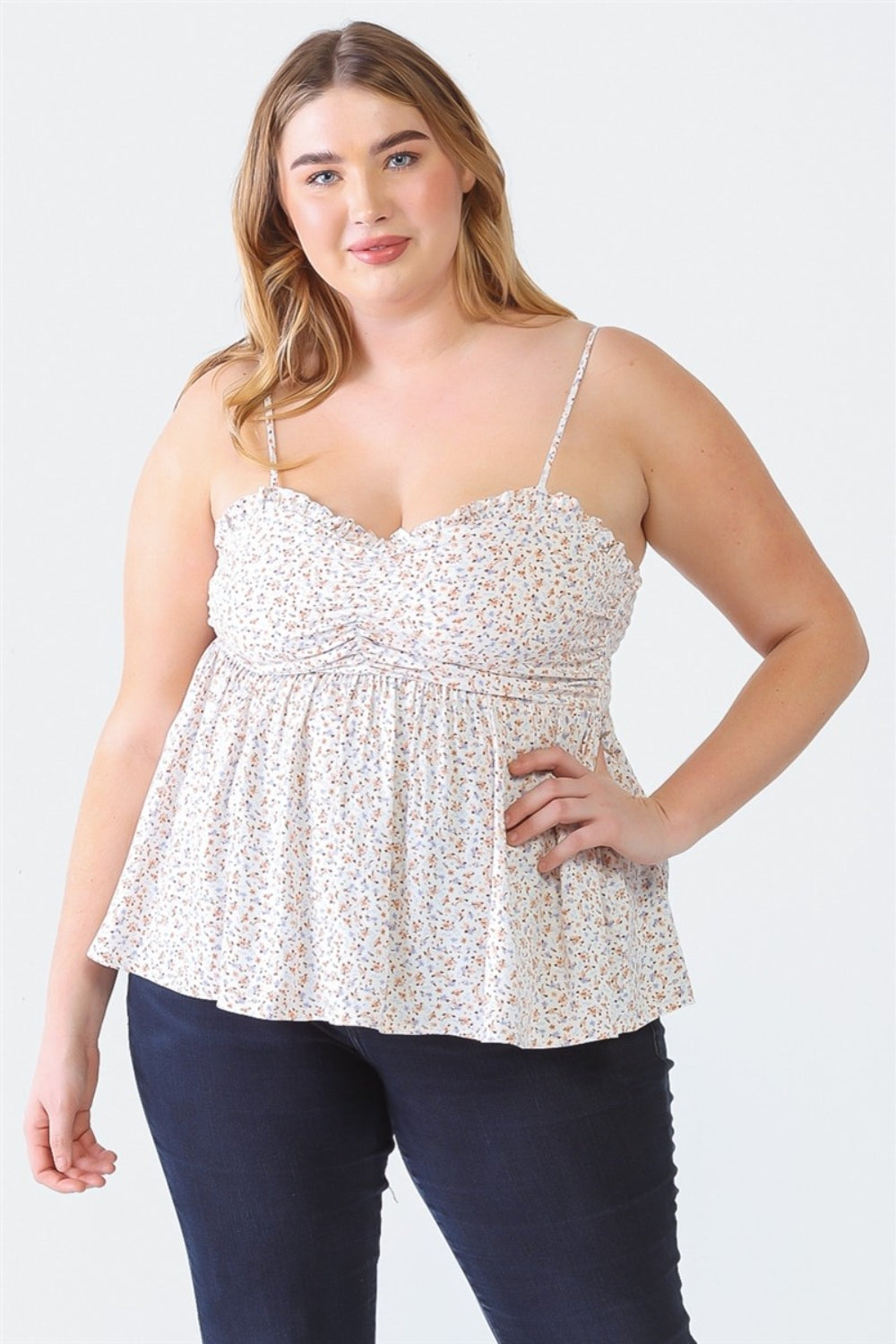 Enchanté Plus Size Frill Smocked Floral Sweetheart Neck Cami