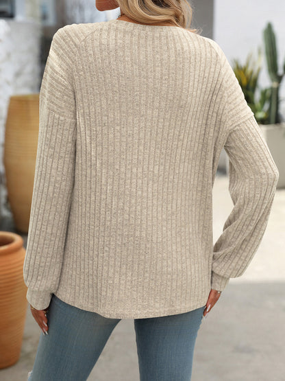 Mandy Decor Button Long Sleeve Ribbed T-Shirt