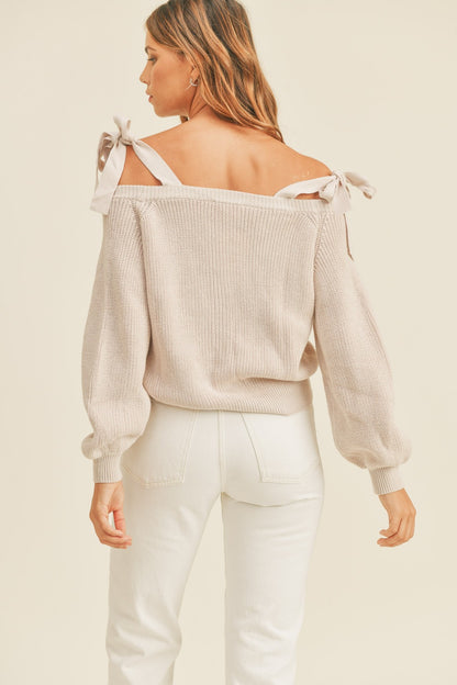 Comfy Collegian Off Shoulder Tie Strap Button Down Sweater