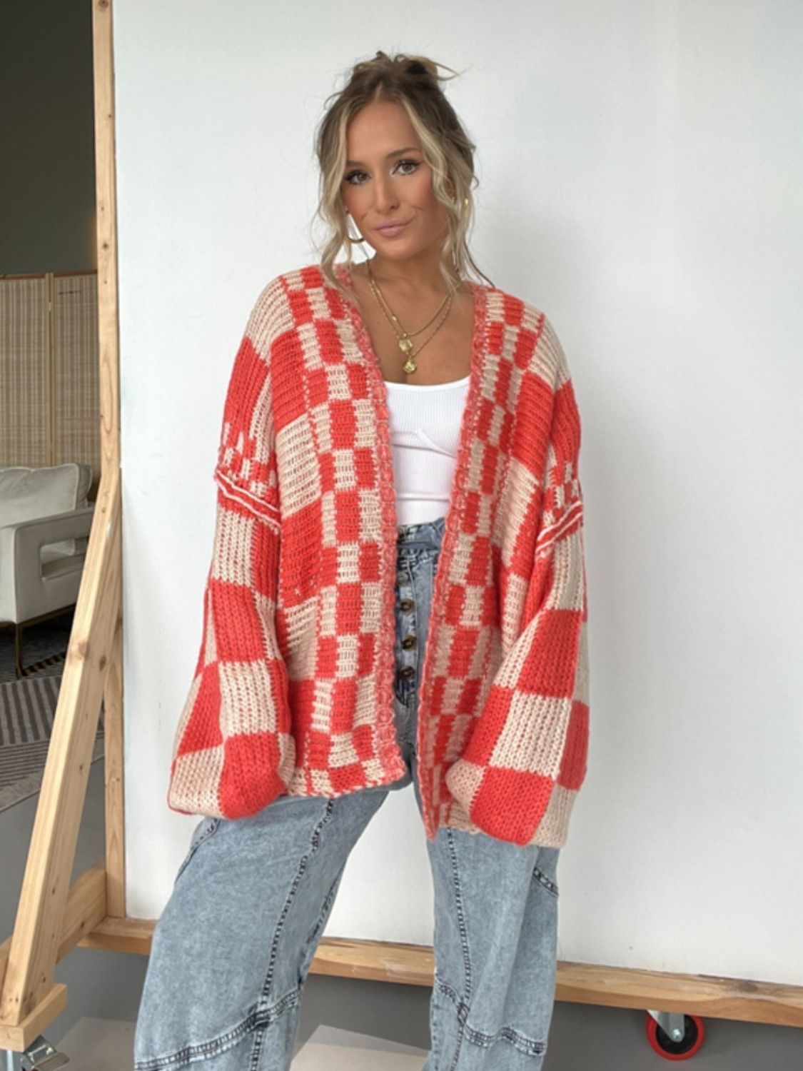 Nutmeg Plaid Open Front Long Sleeve Cardigan