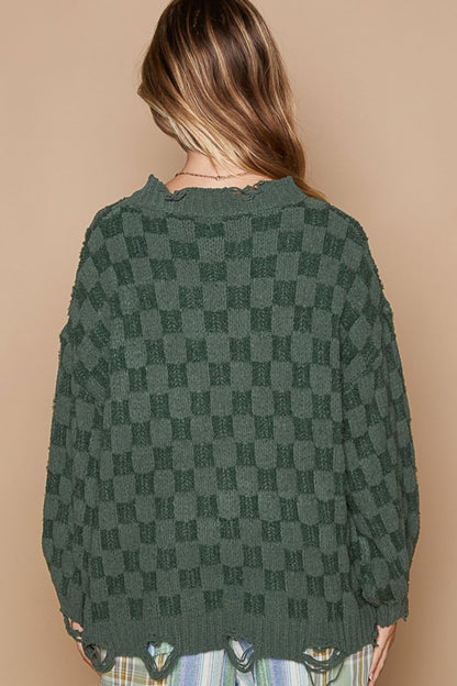 Rabbit's Run Pullover Checkered Distressed Edge Sweater