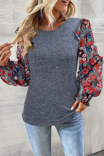 Swirling Leaves Ruffle Tiered Floral Sleeve Blouse