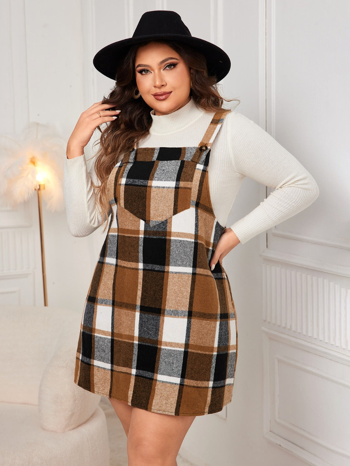 Genteel Grace Plus Size Plaid Wide Strap Overall Dress