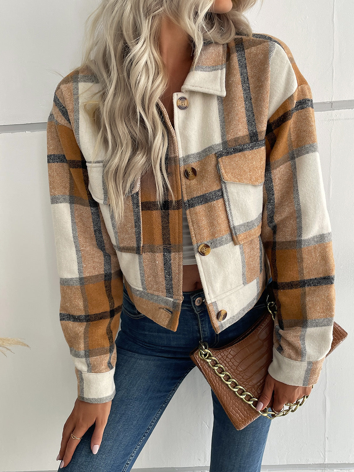 Rustic Romance Plaid Button Up Drop Shoulder Cropped Jacket