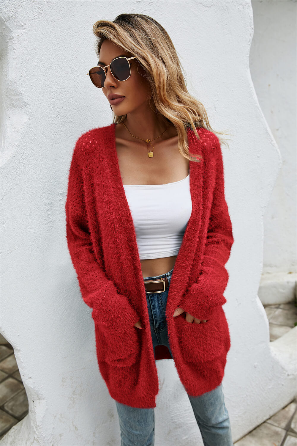 The Wispwool Open Front Openwork Fuzzy Cardigan with Pockets