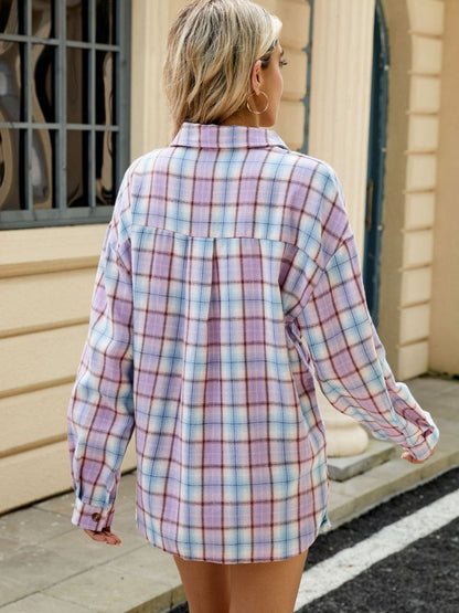 Twilight Tartan Plaid Saddle Shoulder Long Sleeve Shirt