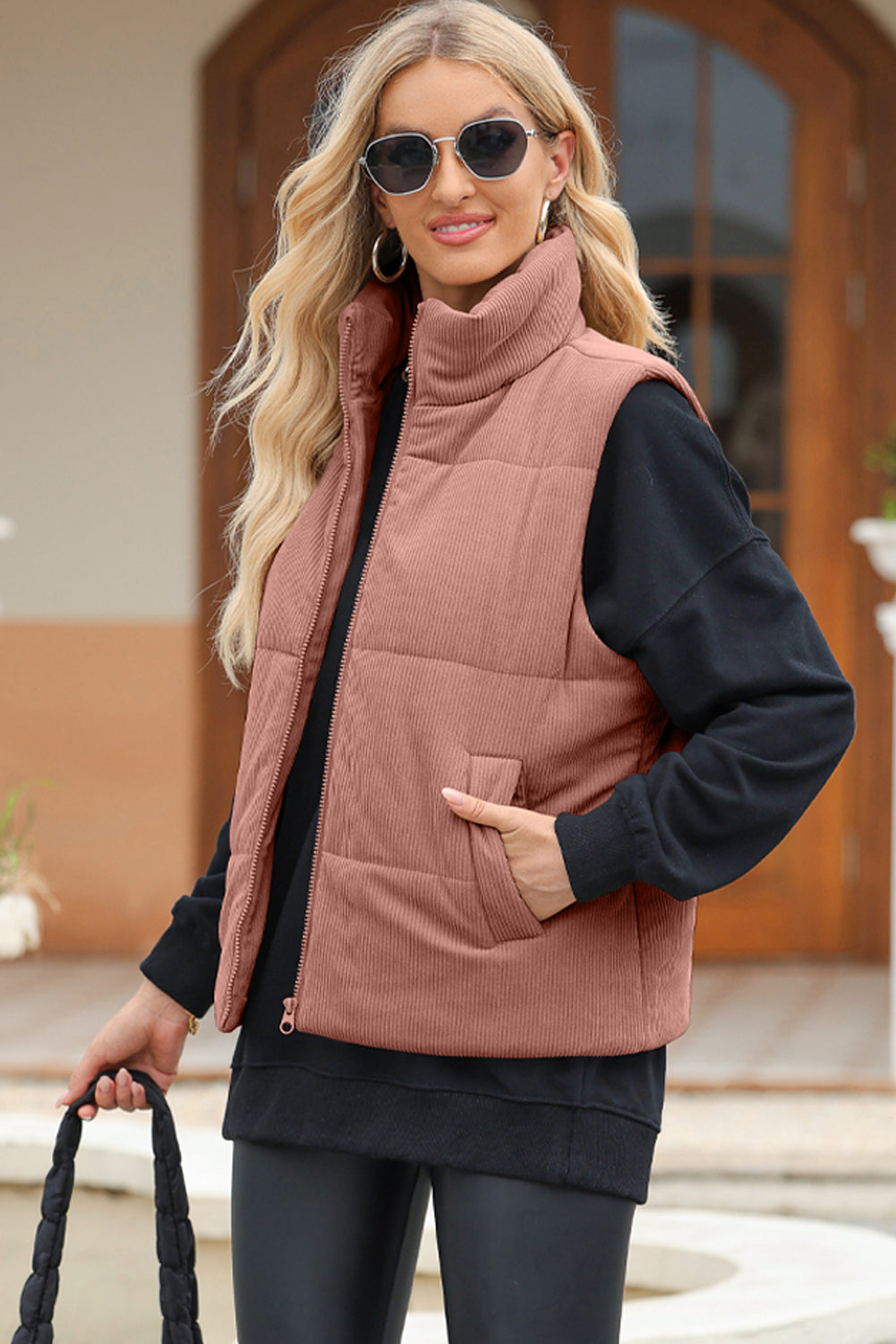 Pocketed Zip Up Turtleneck Vest Coat