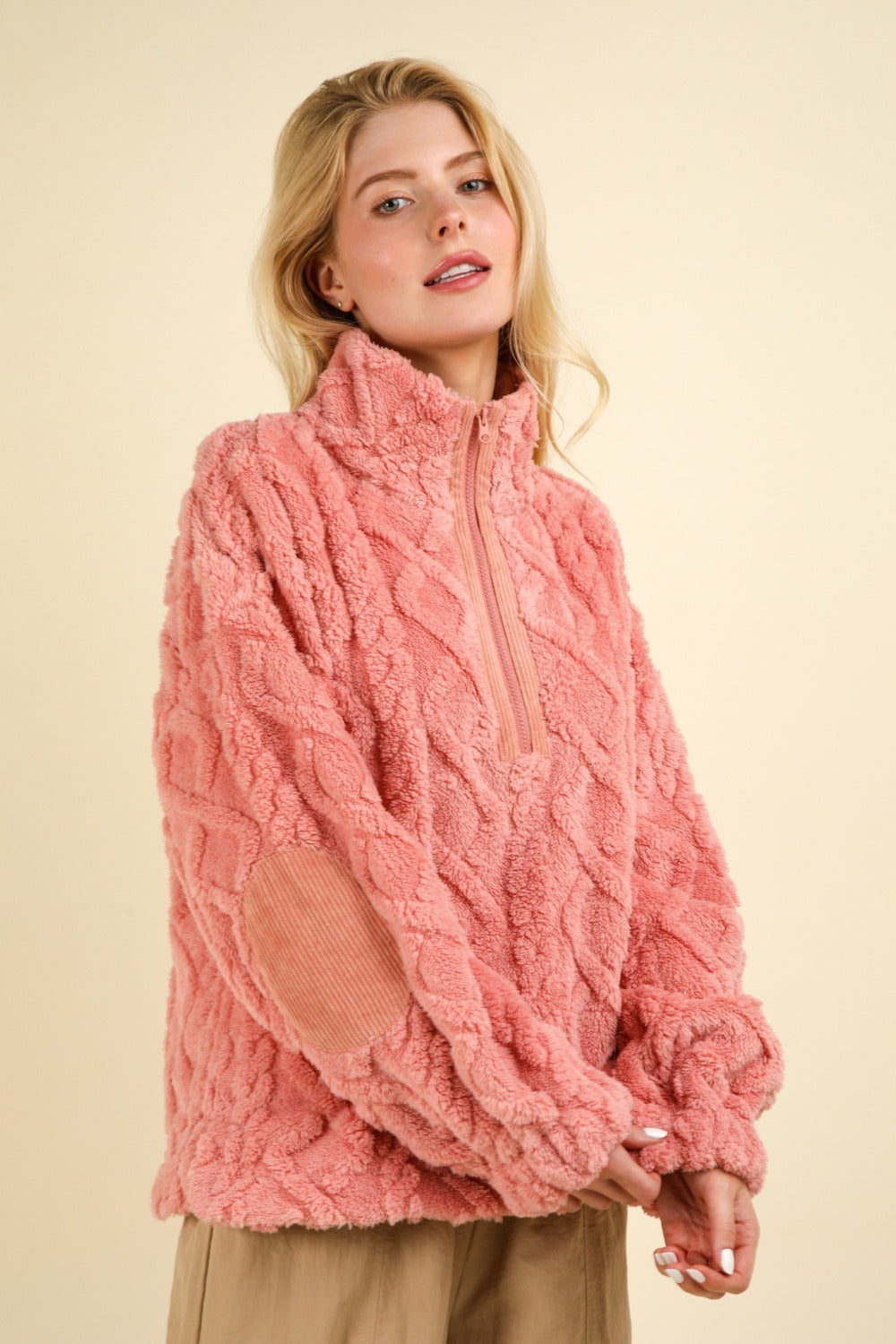 Pink sweater, cable knit sweater, half zip sweater elbow patches