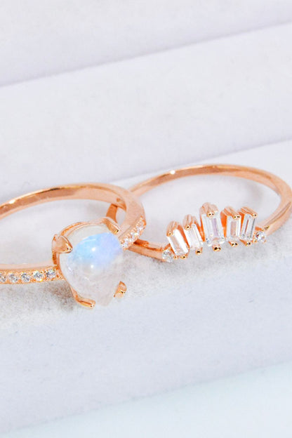 Lunar Illumination Natural Moonstone and 18K Rose Gold-Plated Two-Piece Ring Set