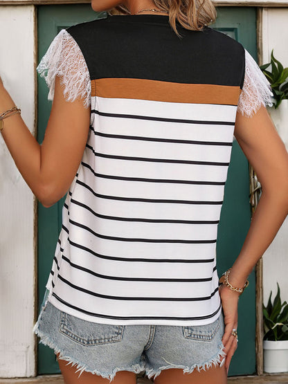 Vixen Veil Lace Detail Striped Round Neck Cap Sleeve T-Shirt